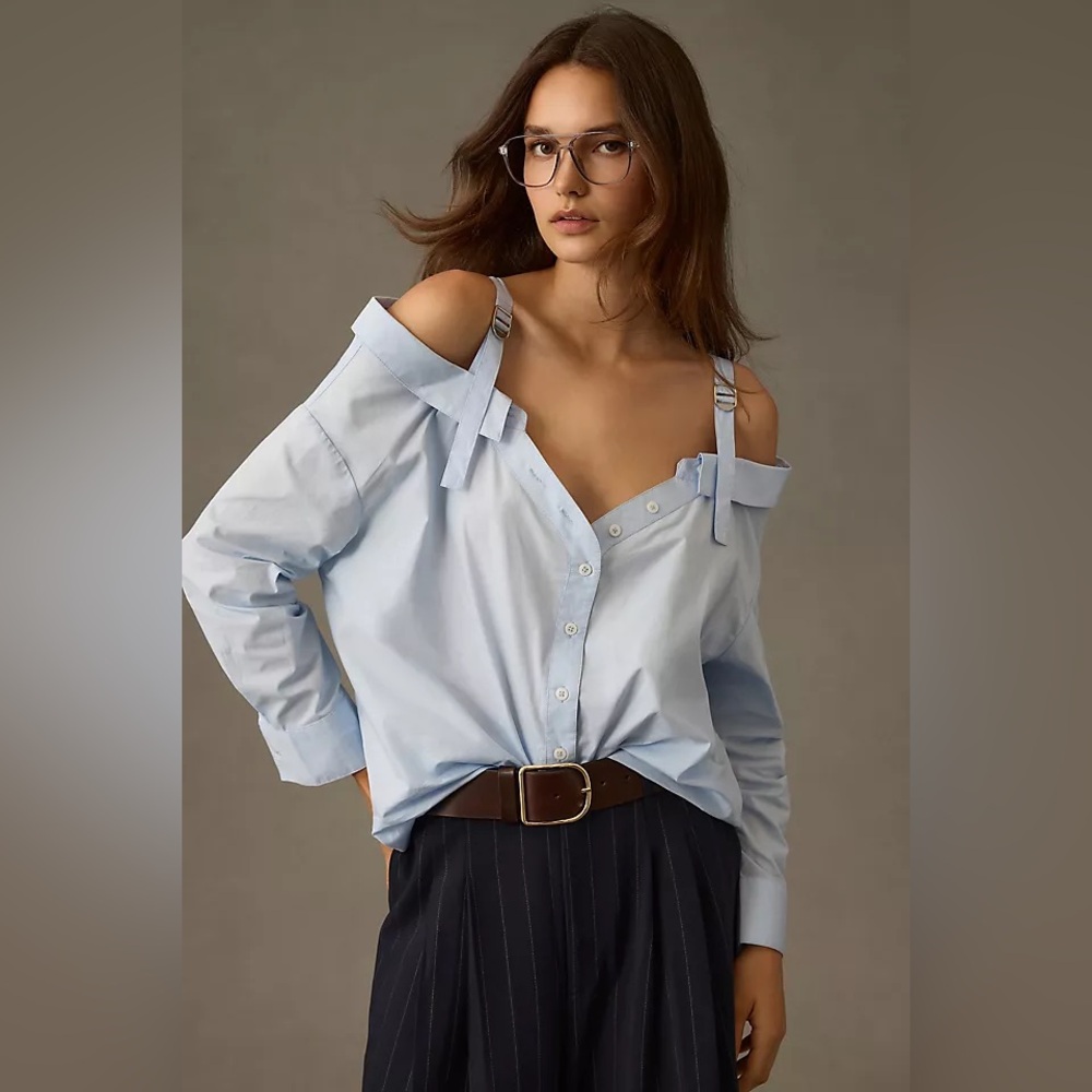 Anthropologie Off Shoulder Blue Button Down Shirt Blouse XS